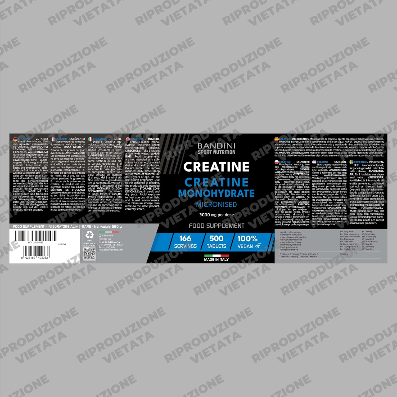 Detalle de Bandini® Creatina Monoidrata 500 Compresse da 3000 mg - Integratore per Allenamento