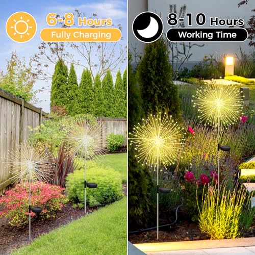 Detalle de CNMTCCO 2 Stück Solar Feuerwerk Gartenlichter – 120 LED IP65, Warmweiß, DIY-Deko für Hof, Terrasse und Rasen
