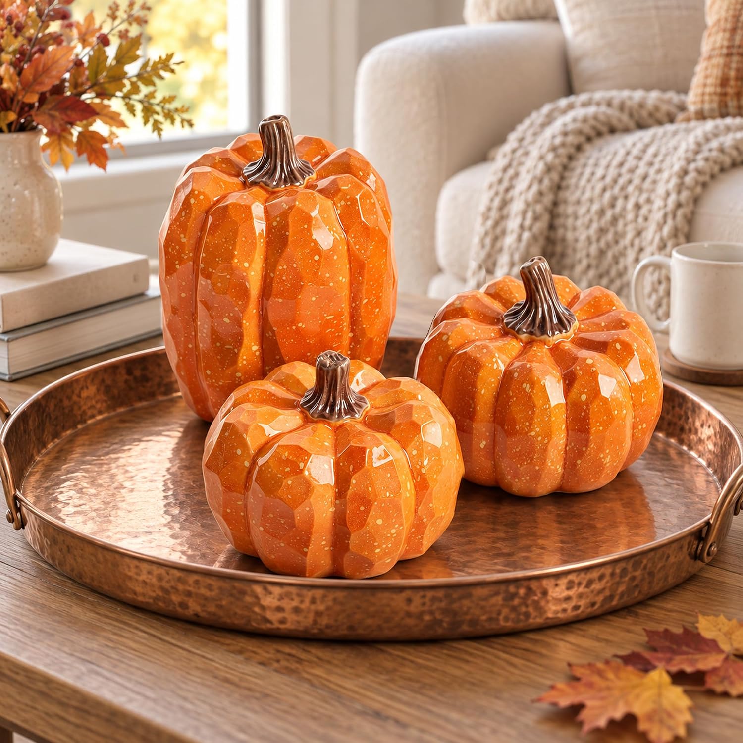 Detalle de winemana Orange Artificial Pumpkins, Set of 3 Resin Fall Decorations
