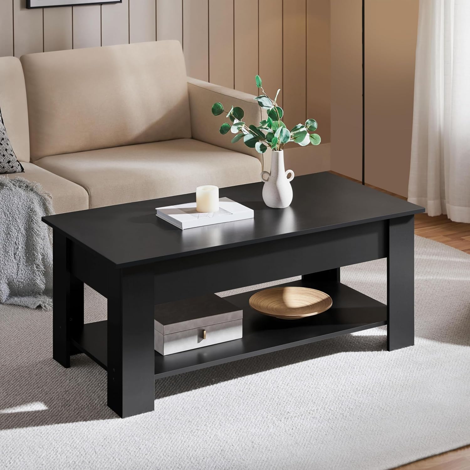 Detalle 2 de Yaheetech Tavolino Sollevabile da Salotto con Ripiano Tavolino da Caffè con Portariviste – Nero, 120 x 60 x 49,5–62,5 cm