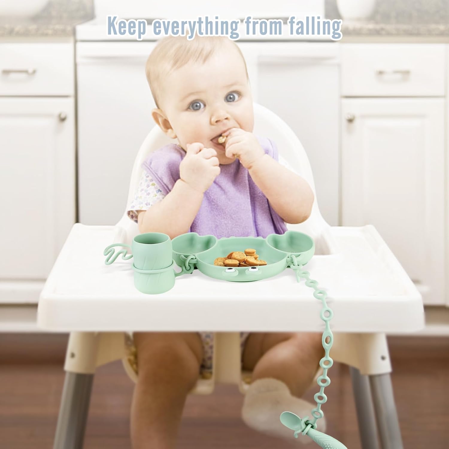 Thumbnail 3 de Qshare Baby Weaning Set: suction plates with 3 divided silicone sections (green) + cutlery and bib