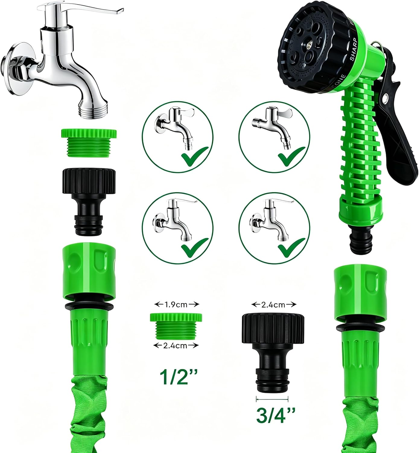 Detalle 1 de CLMCL 125ft Expandable Garden Hose with 8-Pattern Spray Nozzle, Green