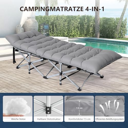 Detalle de Bonnlo Feldbett klappbar mit Matratze – XXL Campingbett aus Stahlrahmen und Oxford-Gewebe, 190 × 71 × 36 cm, Grau