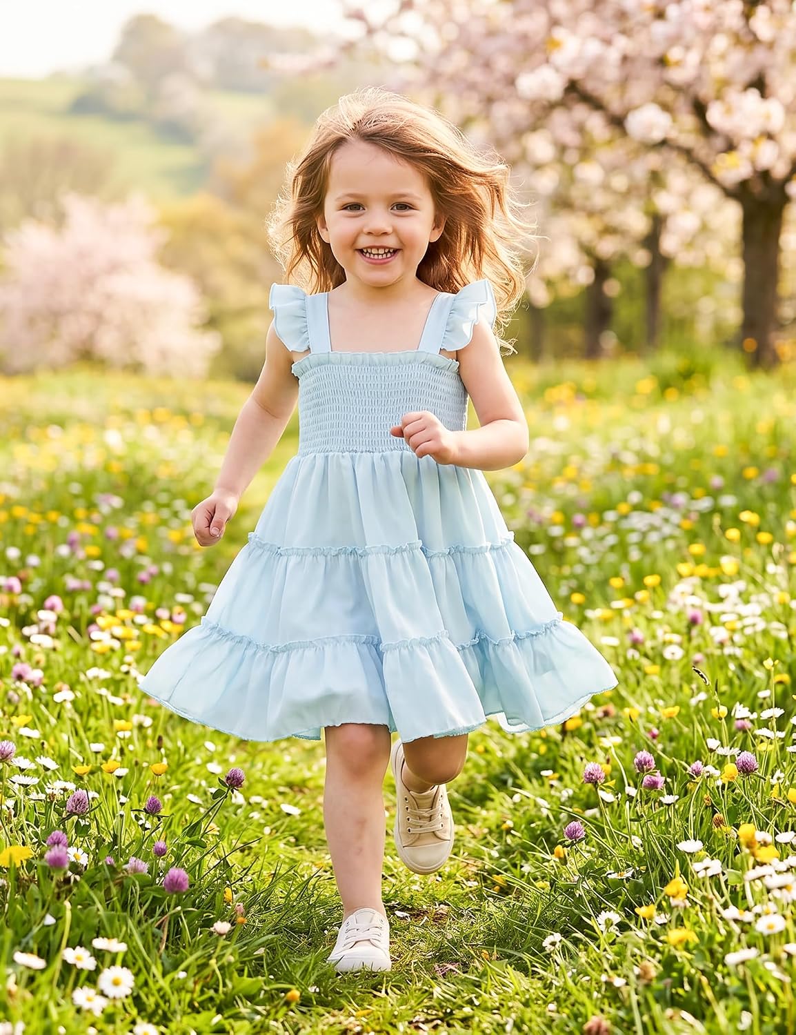 Detalle de KIDDLETOWN Robe Bébé Fille d'Été Sans Manches - A-Line Midi, Volants et Épaules Dénudées