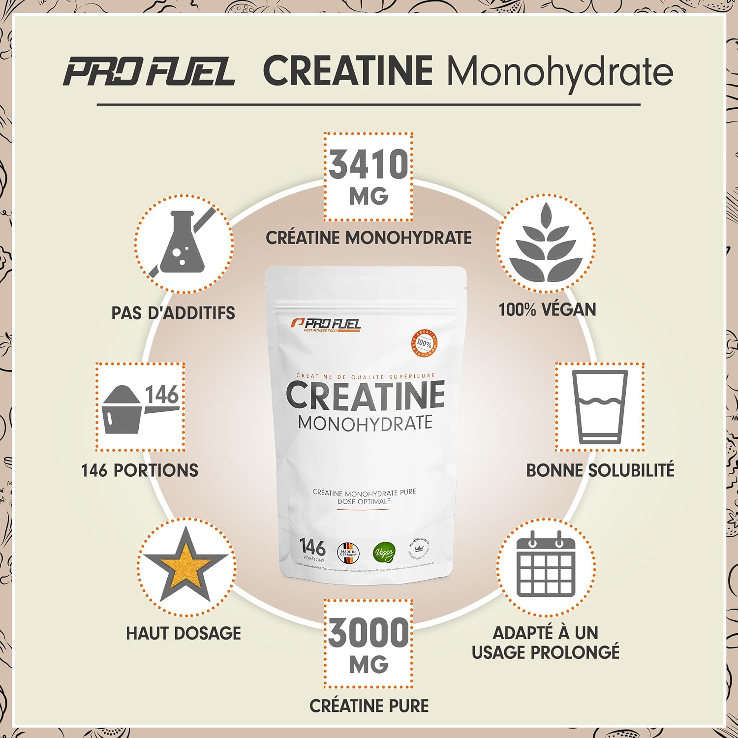 Detalle de ProFuel Créatine Monohydrate Poudre 500g – créatine mono micronisée, vegan, dosage élevé