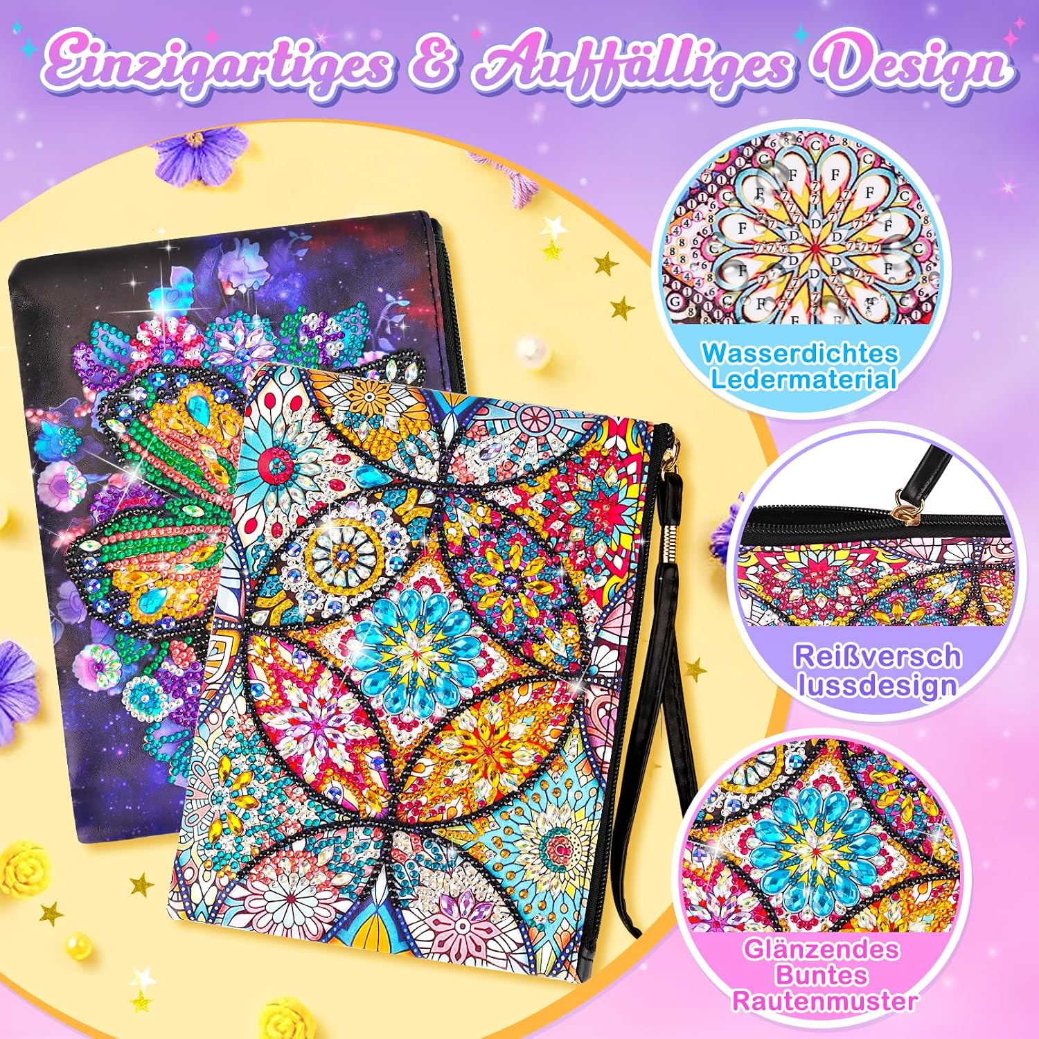 Detalle 2 de Flnlano Diamond Painting Bastelset für Mädchen (2 Stück) mit kleiner Kosmetiktasche – ab ca. 7–11 Jahren