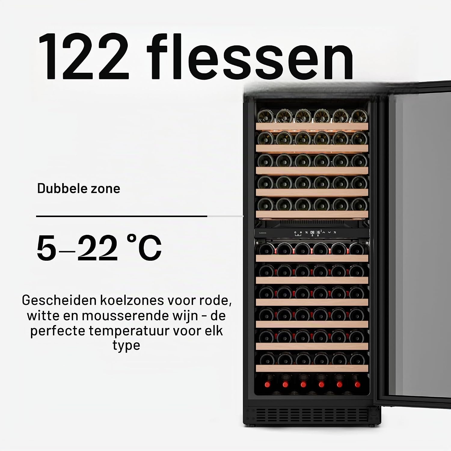 Detalle de Klarstein JCF-320S Velaire wijnkoelkast met twee zones voor 122 flessen