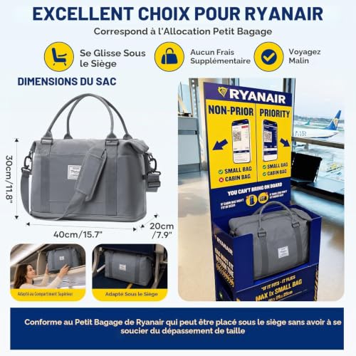 Detalle de SEAFEW Sac de voyage cabine 40 × 30 × 20 cm, compartiment à chaussures, gris ardoise
