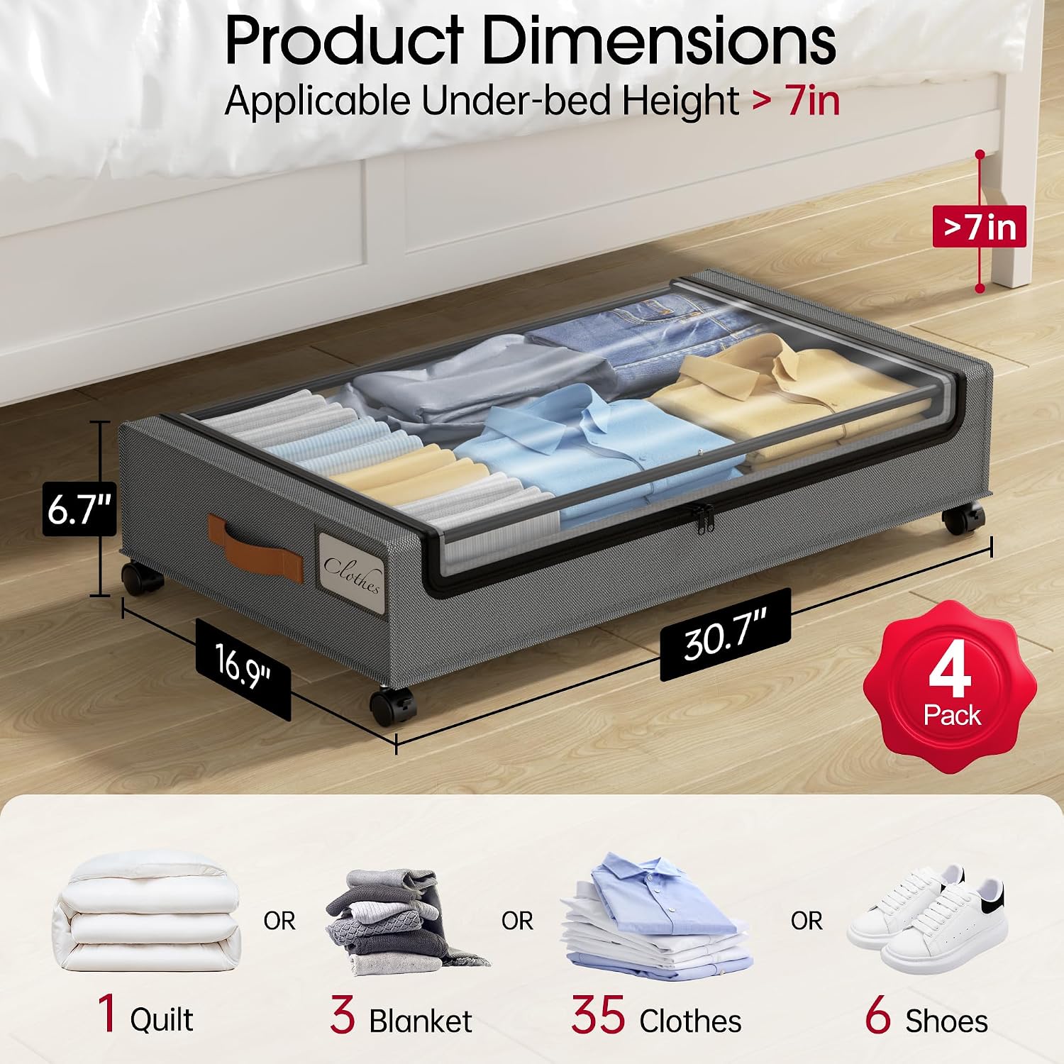 Detalle 2 de Yecaye Ye-Ub-Storage-LightGrey-4pack Under-Bed Storage Bins with Wheels