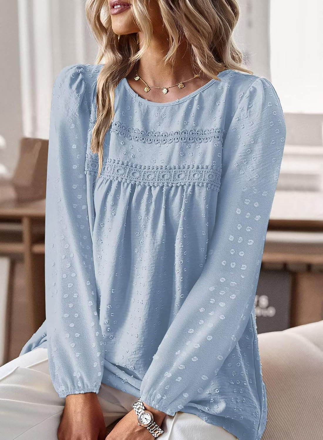 Thumbnail 1 de TUUHAW Damen Langarmshirt im Boho-Stil mit Rundhals, Häkelspitze und Pompon-Details