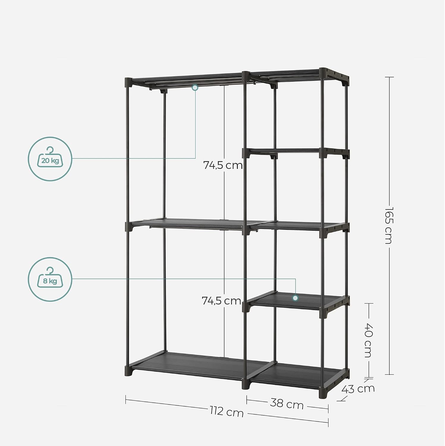 Detalle 2 de SONGMICS RYG24BK Fabric Wardrobe, 112 x 43 x 165 cm, 2 Hanging Rails