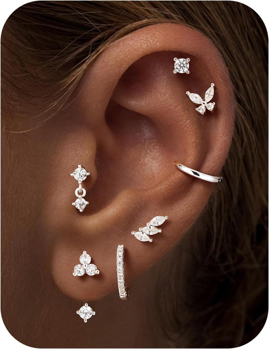 Detalle de TINGN 7‑Paar hypoallergenes Ohrring-Set in Silber und Gold – 14K vergoldet, Zirkonia, vielseitig kombinierbar