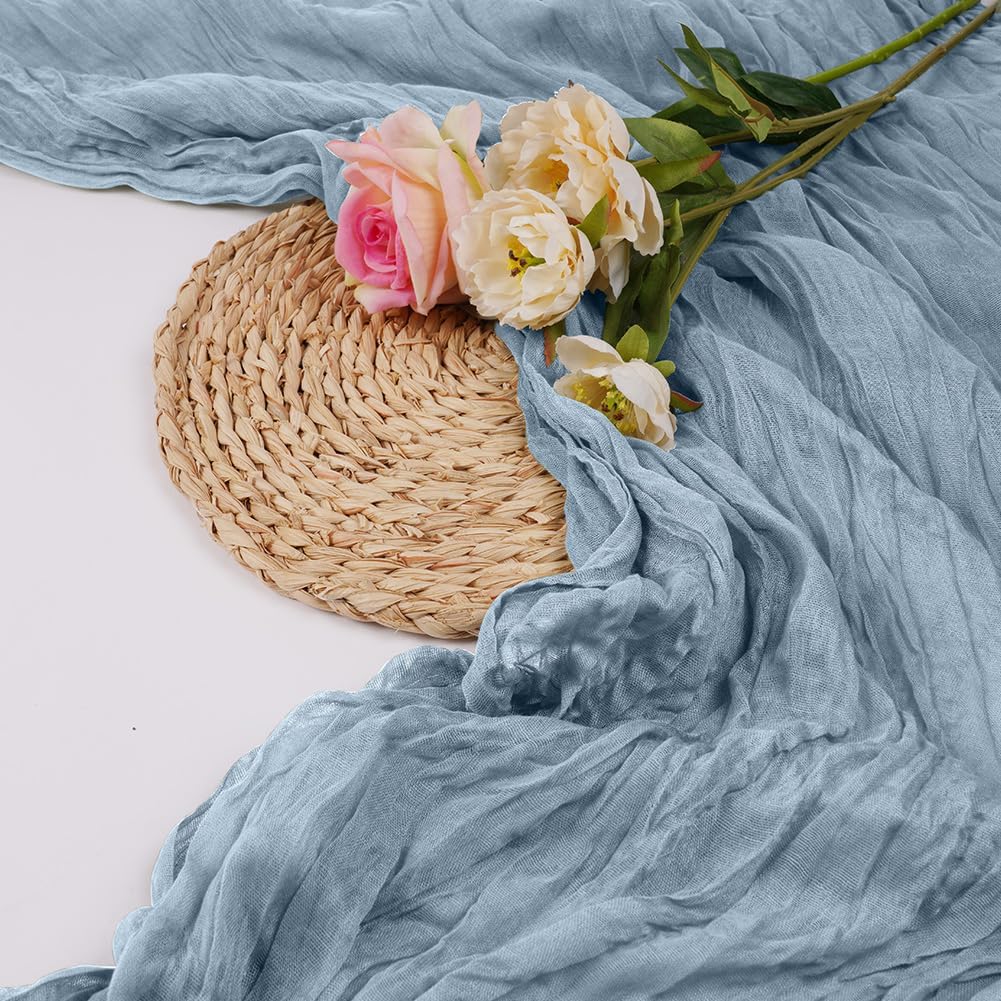 Detalle de AUAUY gasvävsbordslöpare, 2-pack i gråblå polyester, 90 × 300 cm