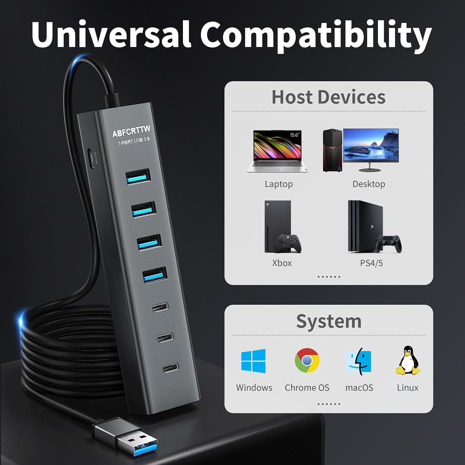 Thumbnail 6 de 7-Port USB 3.0 Aluminium Hub with 1.2m Cable – 4 USB-A / 3 USB-C Desk Splitter