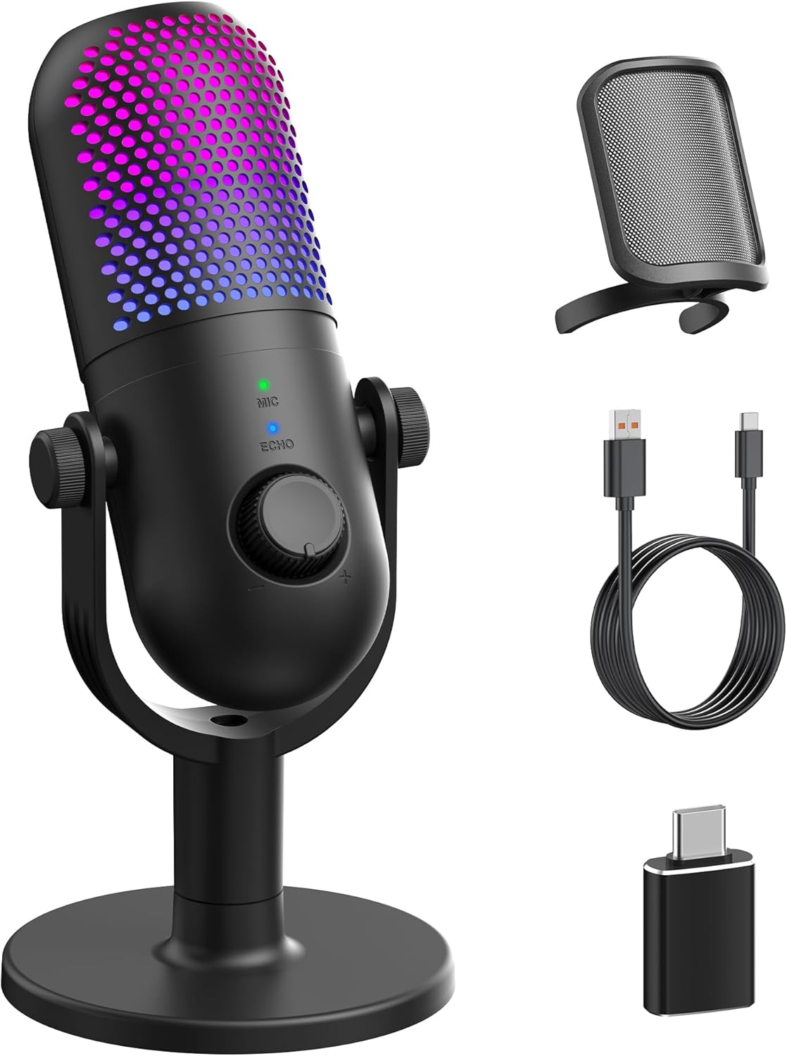 Detalle de GUEVWES USB Condenser Microphone for PC Gaming – RGB with Stand