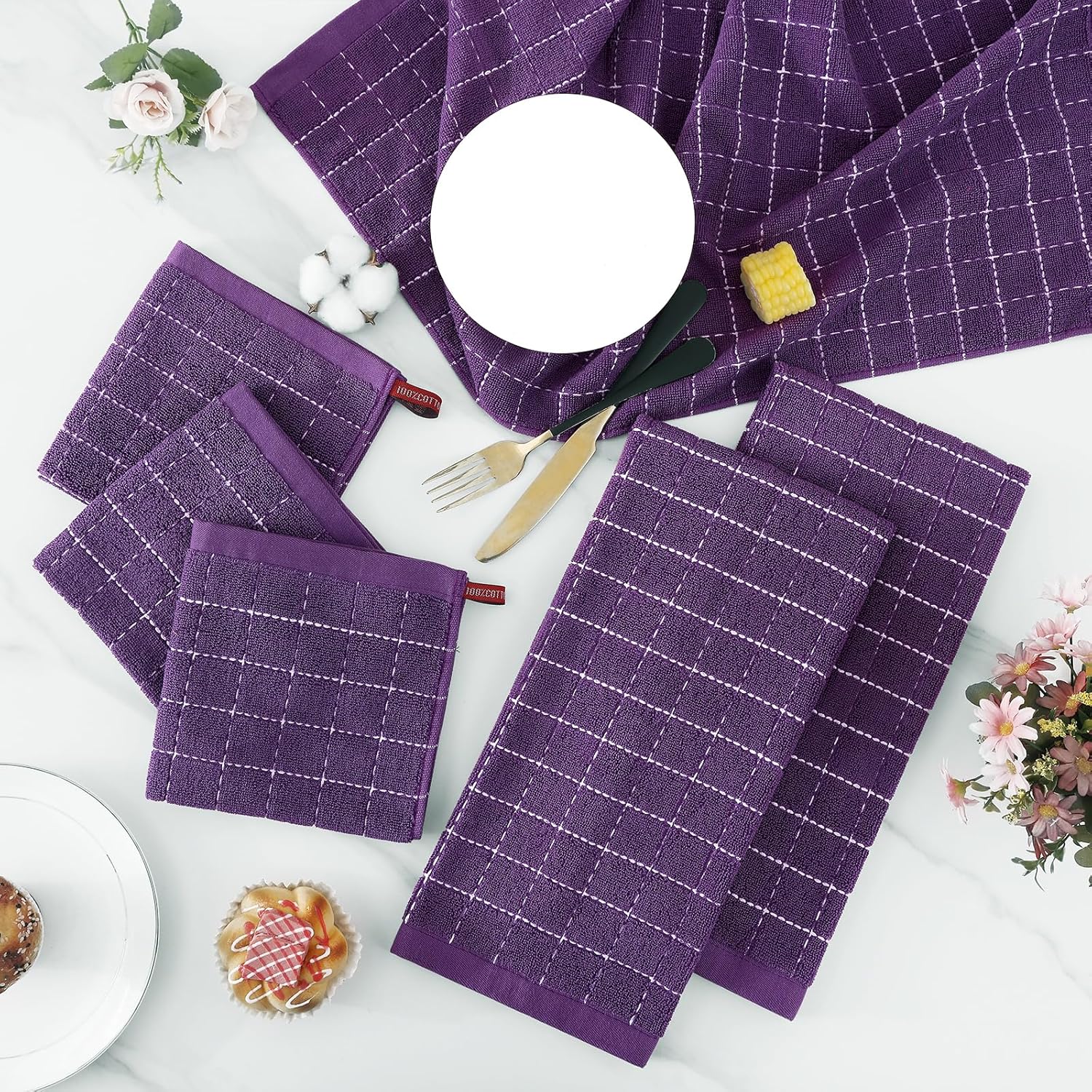 Thumbnail 5 de Homaxy Cotton Terry Kitchen Towels & Dishcloths Set (Purple), Checkered Assortment, Set of 8