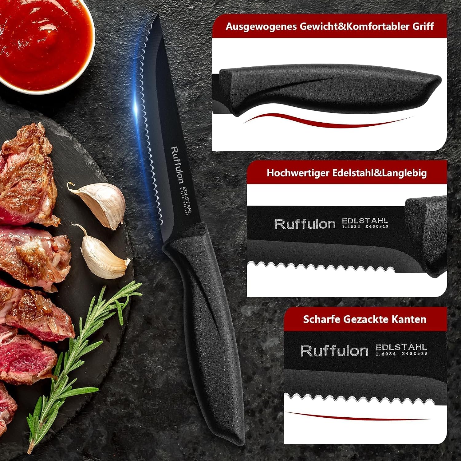 Thumbnail 1 de Ruffulon Profi Steakmesser-Set 12-teilig mit Wellenschliff, Edelstahl – schwarz