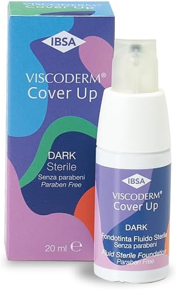 Detalle de Viscoderm Cover Up Dark di IBSA Derma – Fondotinta fluido coprente con acido ialuronico e Arnica montana, colorazione scura