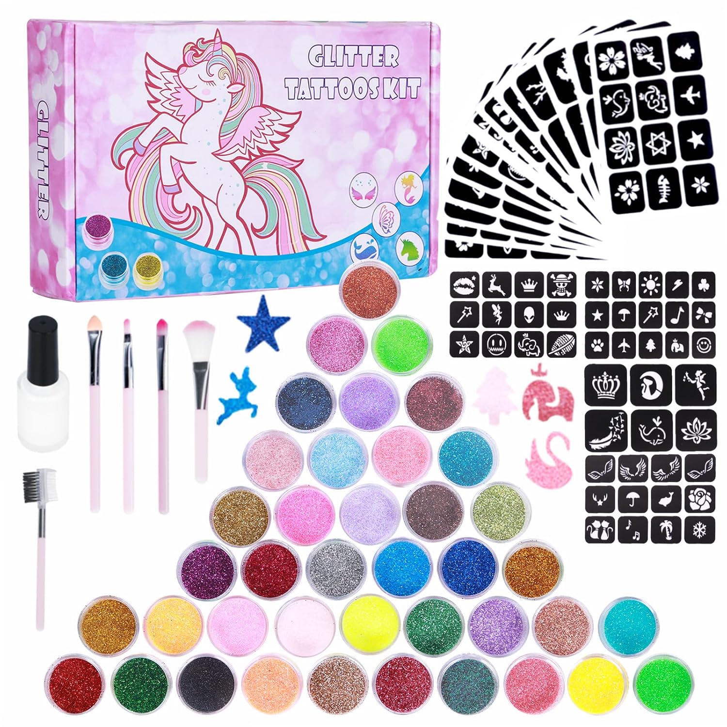 Detalle de Glitzer Tattoo Set Kinder von DSYZWEE – 40 Farben, 147 Schablonen, 5 Pinsel, 2 Kleber, wasserfest