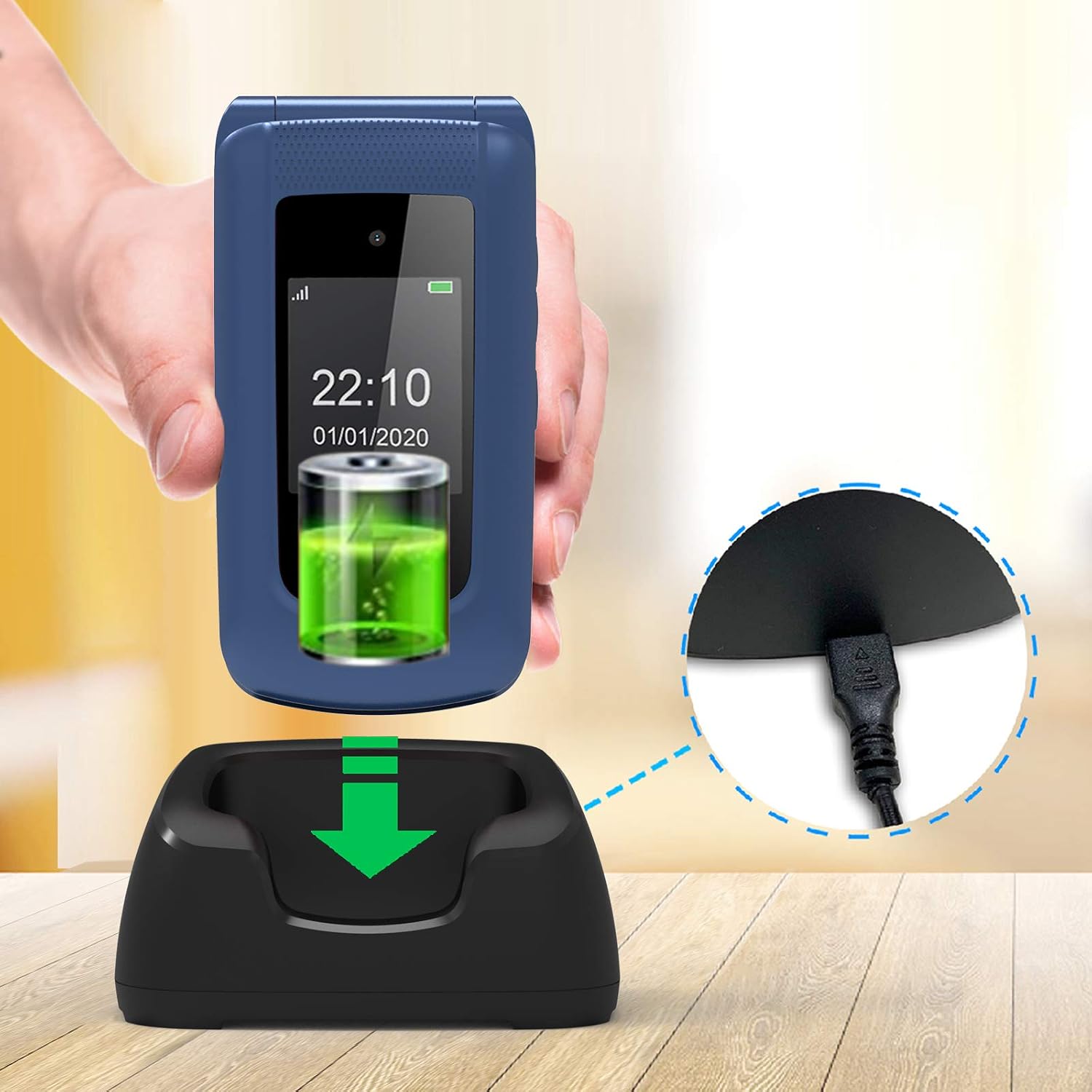 Detalle de uleway Seniorenhandy Klapphandy ohne Vertrag mit SOS-Notruffunktion, 2,4" Dual Display und Ladestation (GSM, Blau)