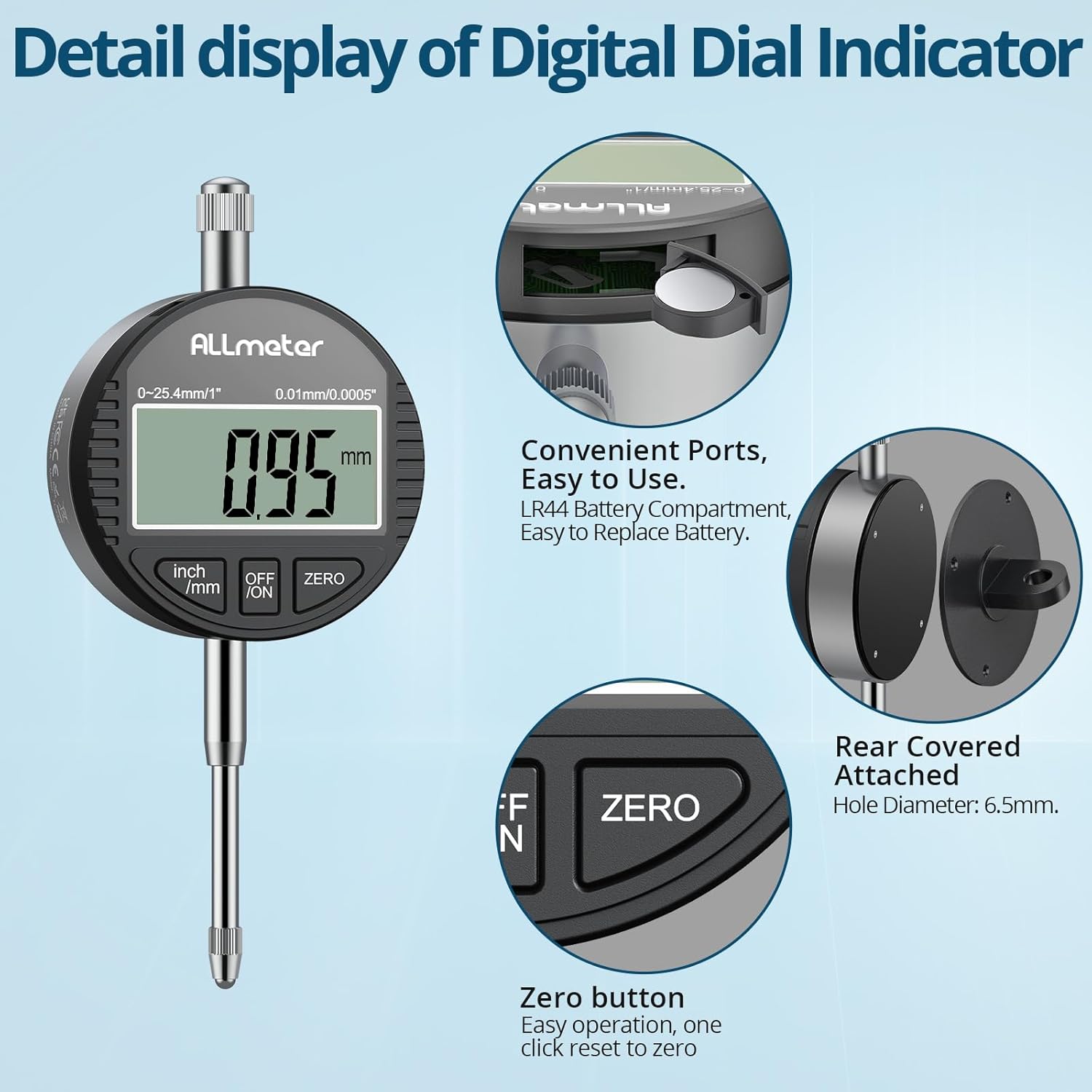 Detalle de ALLmeter DTI Digital Dial Indicator 0.01mm / 0.0005" Resolution, 0-25.4mm / 1" Range