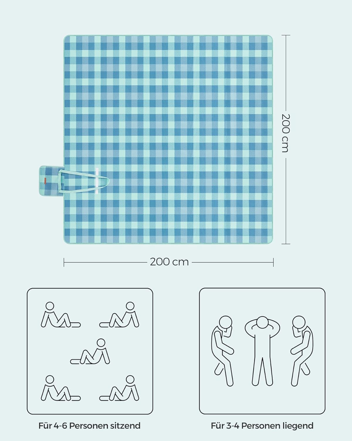 Detalle de SONGMICS Picknickdecke GCM011Q02 200 × 200 cm – grün-blau, wasserdicht, faltbar