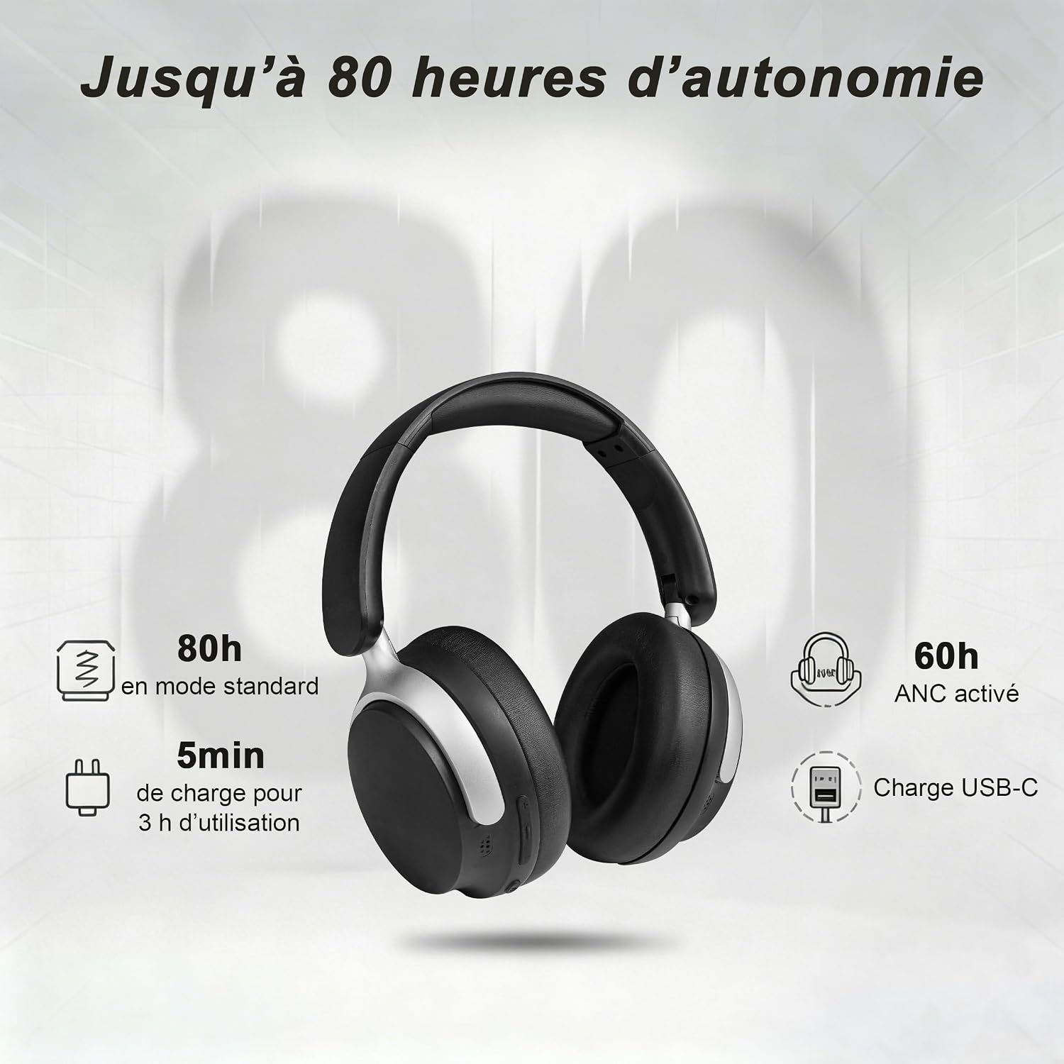 Detalle de VoKinroad Casque Bluetooth sans Fil Over-Ear avec ANC Dual-Feed — 80H, pliable, mémoire de forme