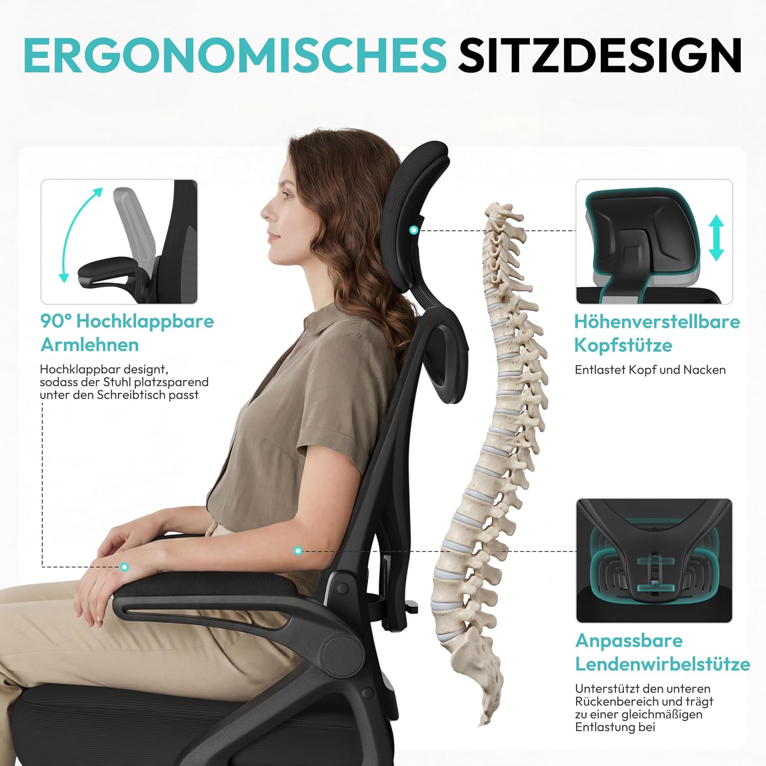 Thumbnail 3 de Yaheetech Bürostuhl ergonomisch mit hochklappbaren Armlehnen, Kopfstütze & Wippfunktion (EN1335, bis 136 kg, schwarz)