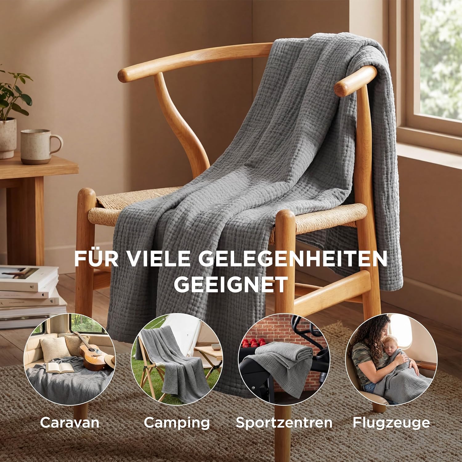 Detalle de BEDSURE Musselin-Decke 100% Baumwolle 150x200 cm – Weiche Gazedecke für Couch, Sommerdecke, Grau