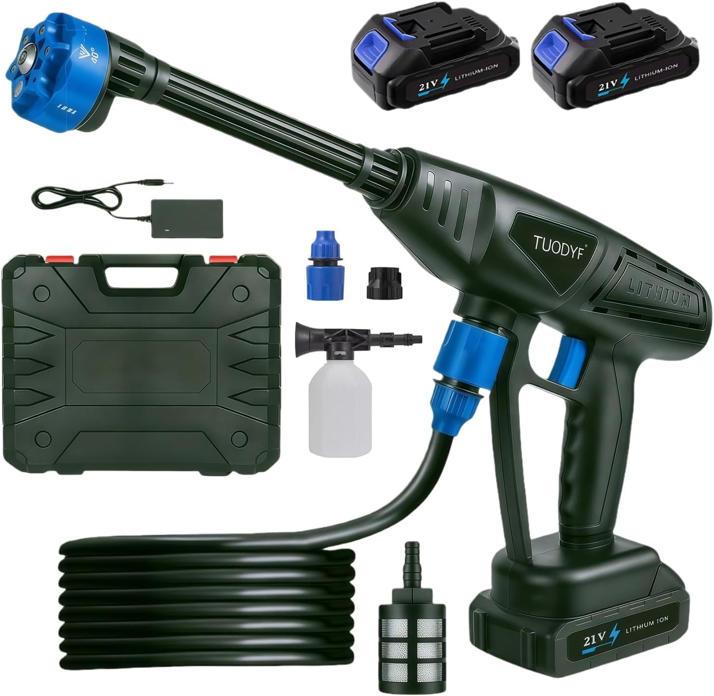 Detalle de Cordless 21V Pressure Washer with 2 Batteries and Charger | 6-in-1 Nozzle, Foam Pot & 5m Hose
