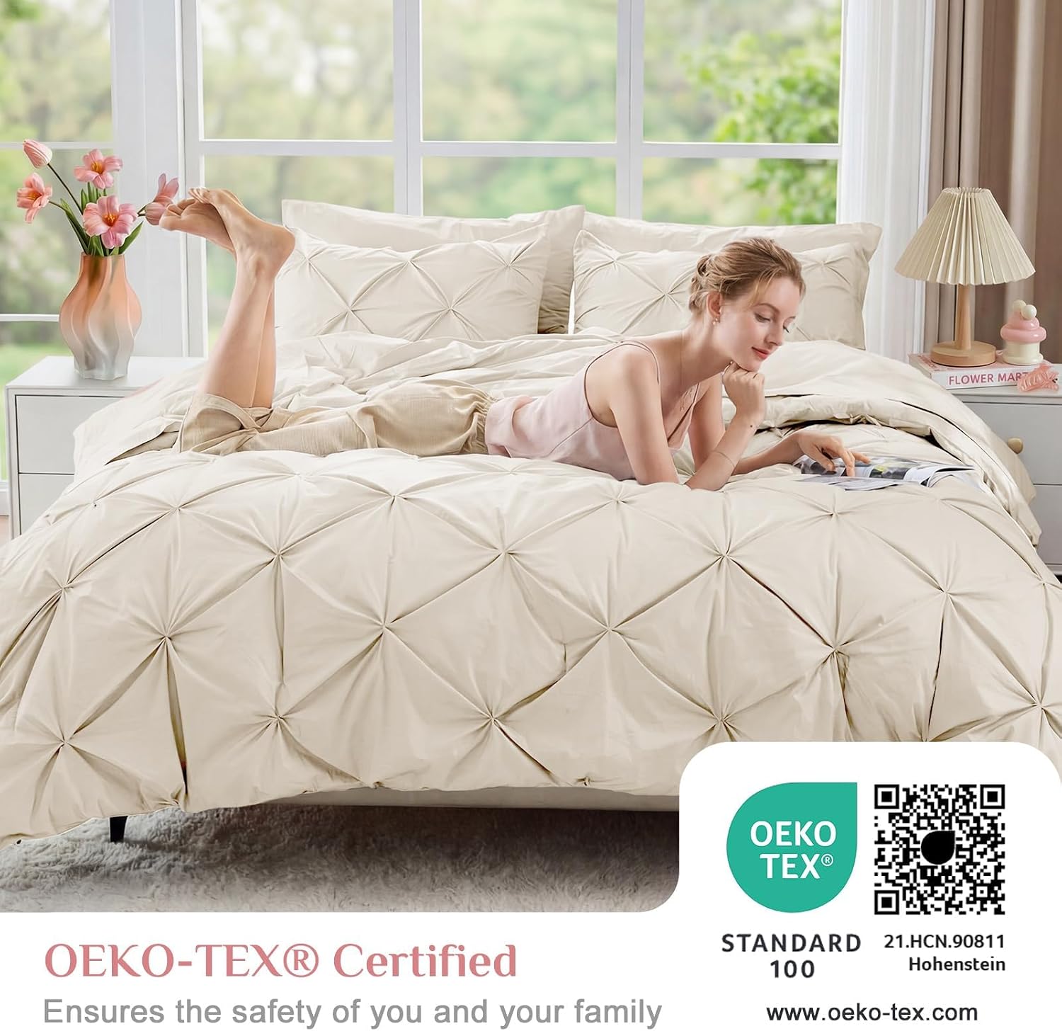 Detalle de JOLLYVOGUE Queen Comforter Set (7-Piece Bed in a Bag) - Pintuck Design, Beige