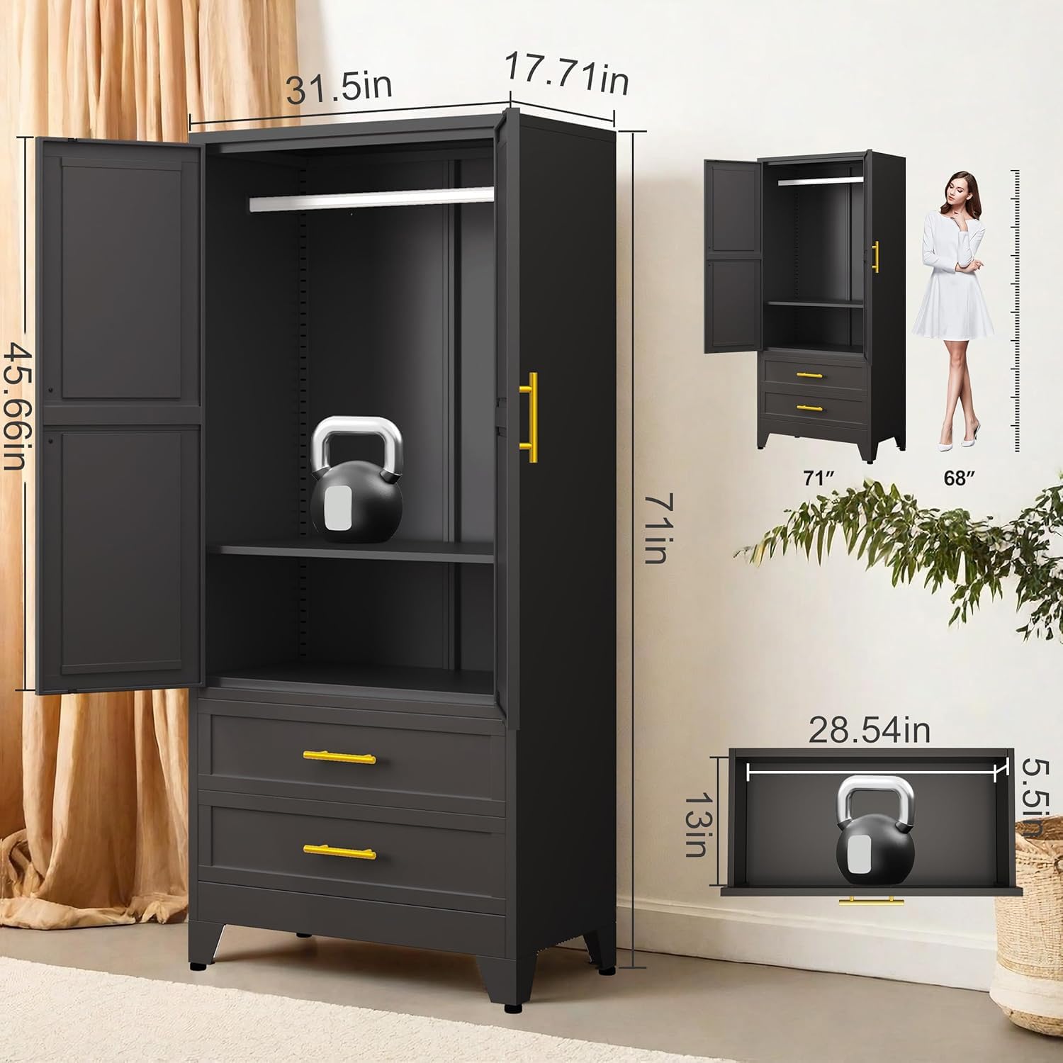 Detalle 2 de GAIOUS Tall 2Drawer B Metal Wardrobe Cabinet with Hanging Rod and 2 Drawers