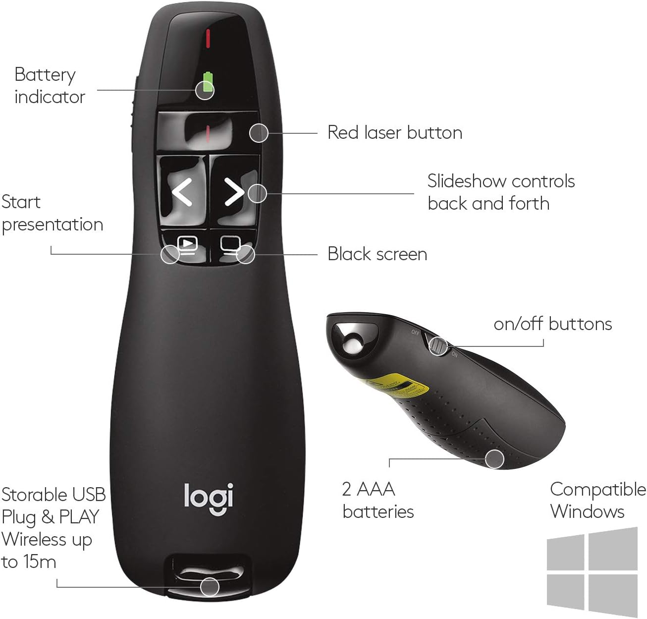 Thumbnail 6 de Logitech R400 910-001354 Wireless Presenter with Red Laser and USB Receiver