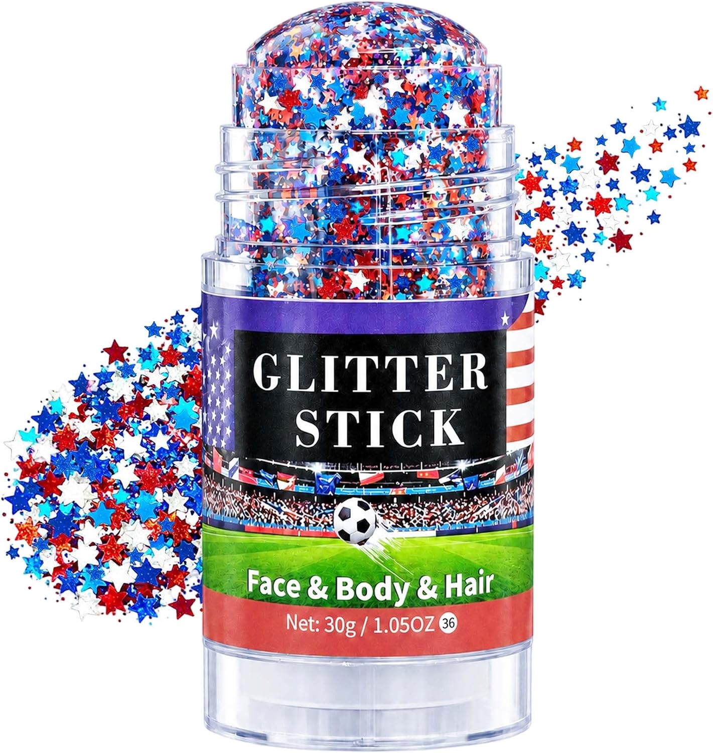 Detalle de Go Ho LLG-446-60S-02-US Patriotic Star Glitter Stick, Red, White & Blue, 1.05 oz