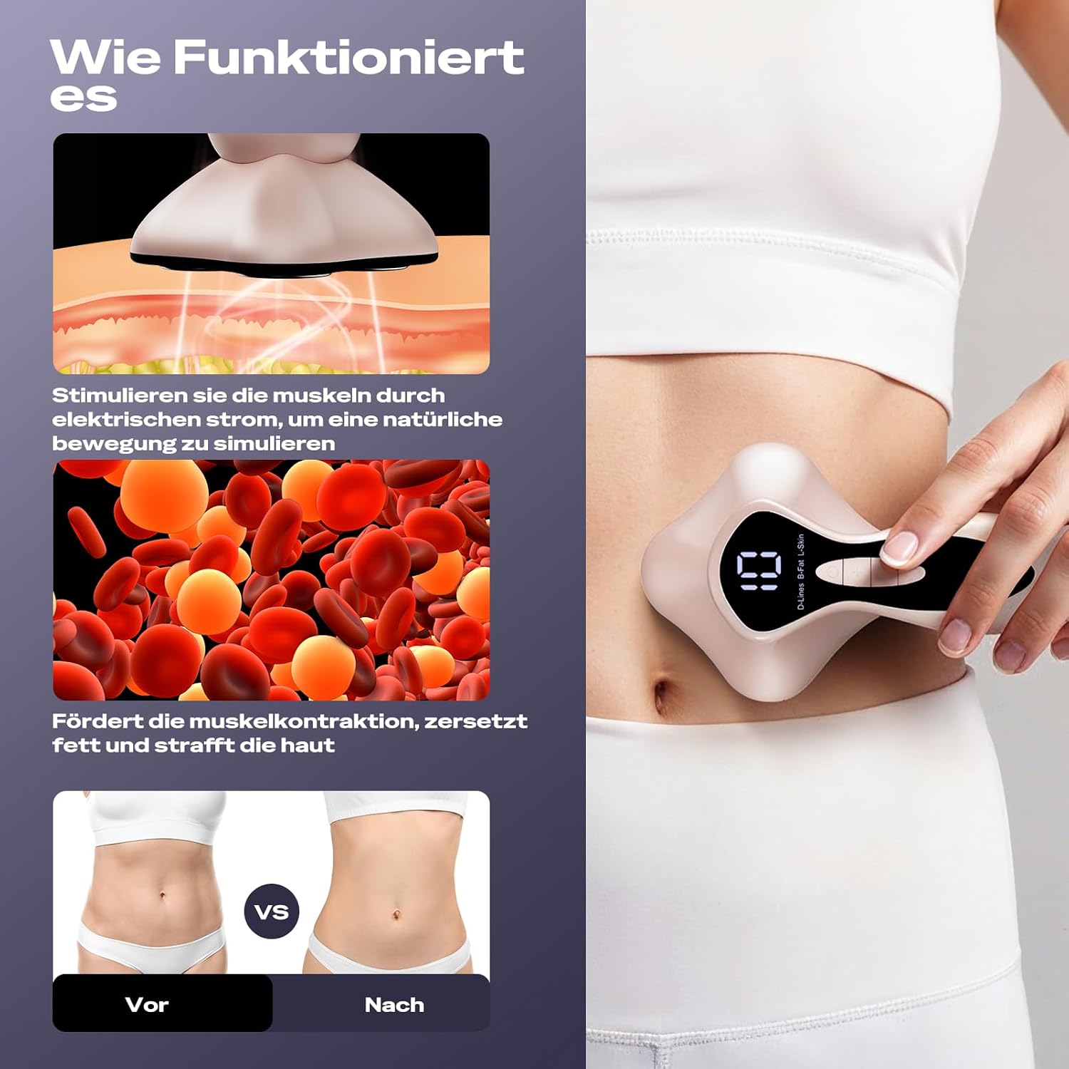 Detalle de Cellulite Massagegerät Roségold – kabelloses Lipödem- und Anti-Cellulite-Gerät mit 3 Funktionen