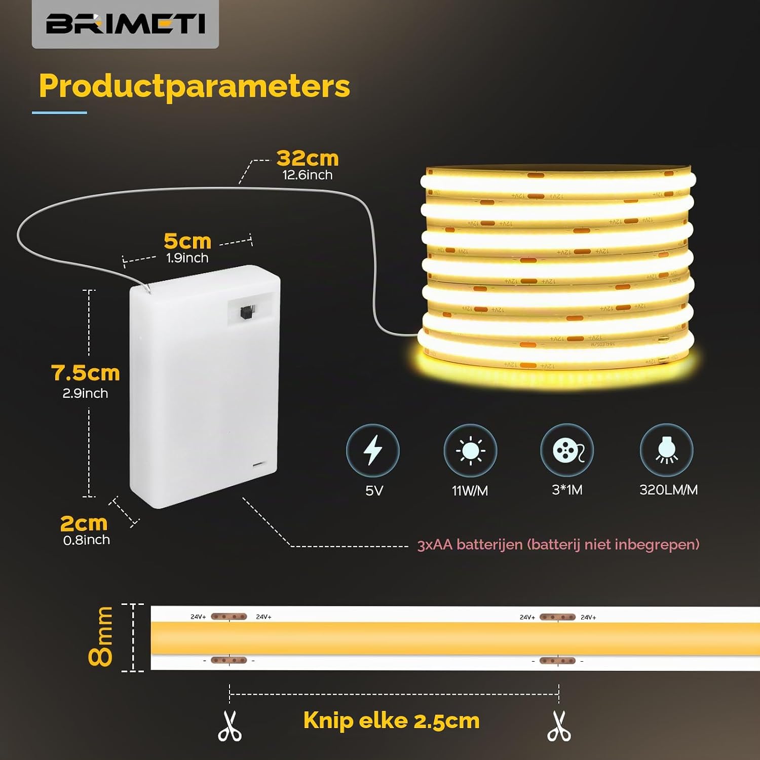 Detalle 2 de BRIMETI 4N-D998-Battery-L-1M-3pc COB-ledstrip 3 x 1 m, wit 6000 K