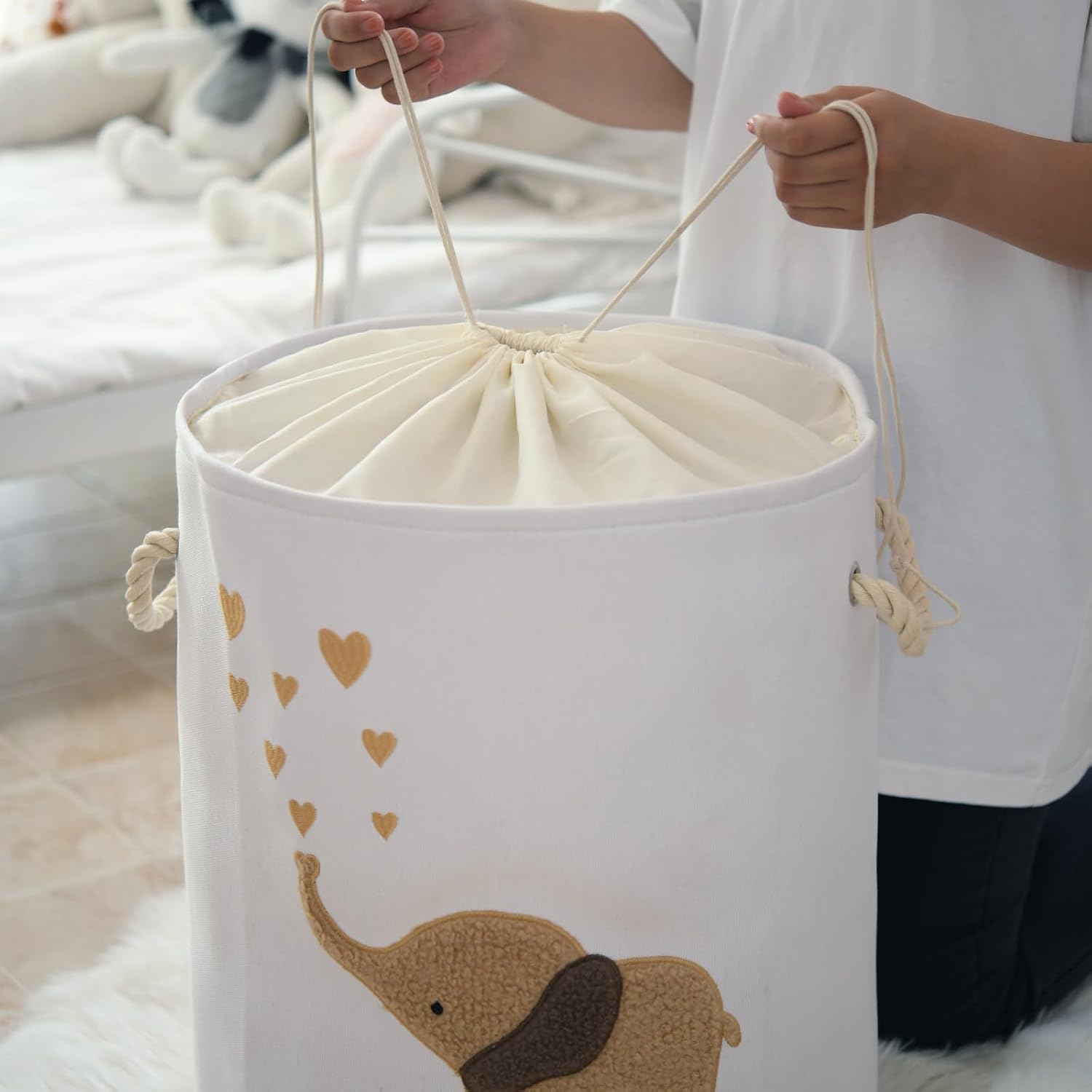 Thumbnail 6 de INough Baby Laundry Basket Hamper (Canvas, 58L) with Elephant Embroidery & Drawstring Closure