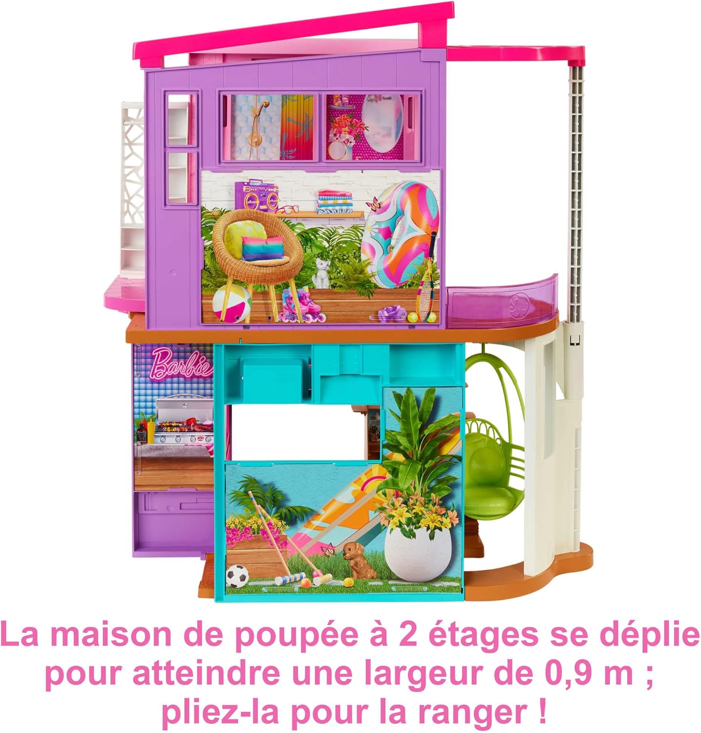 Detalle de Barbie Coffret La Maison de Vacances (107 cm) à 2 Niveaux – 6 pièces et +30 Accessoires
