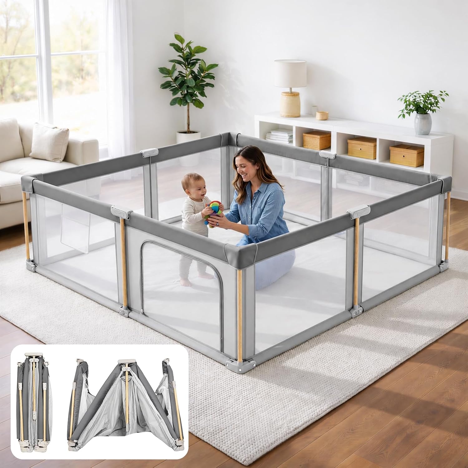 Detalle de JevrJeur 59 x 71 in Foldable Baby Playpen with Mesh Sides and Storage Bag
