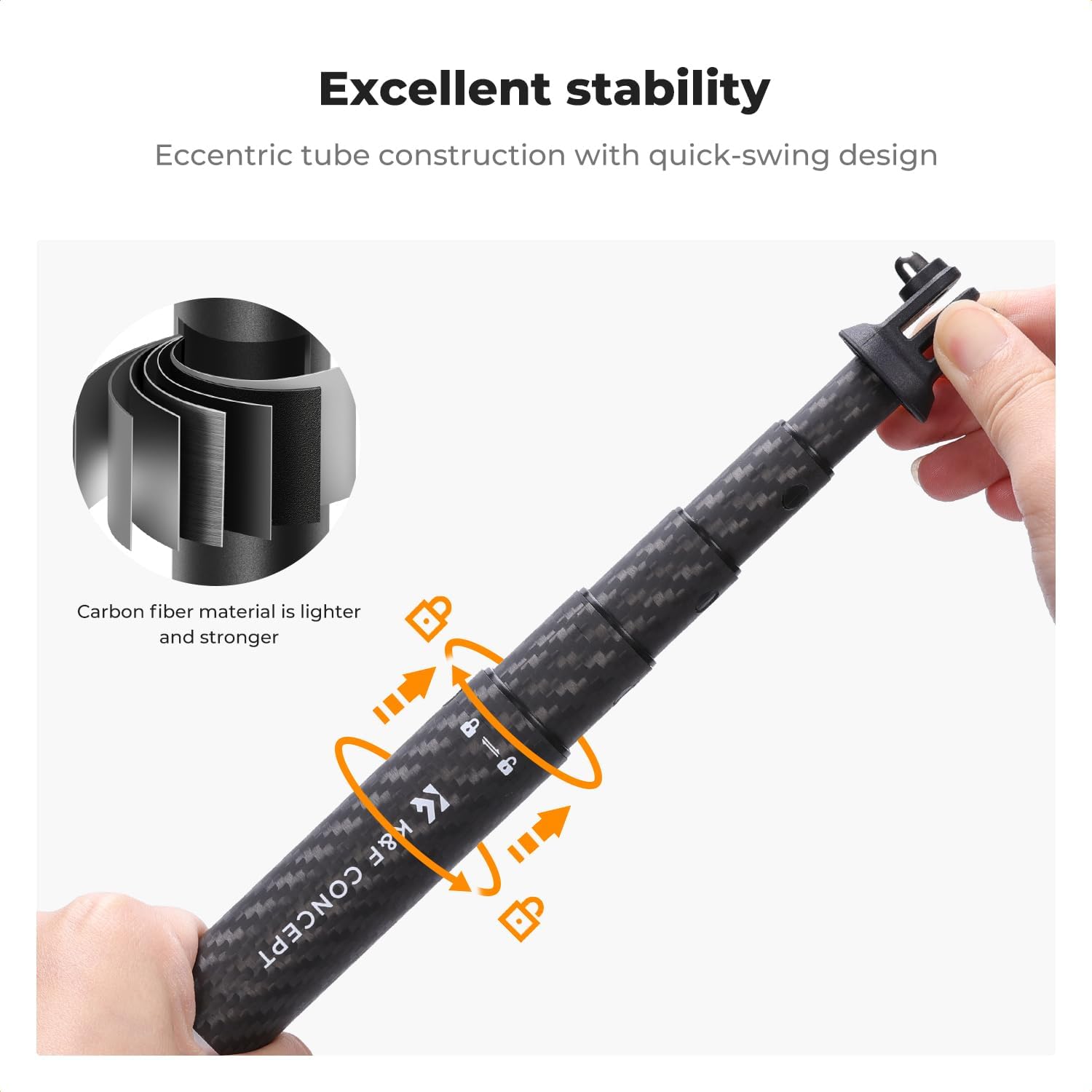 Detalle 2 de K&F Concept MS21 Carbon Fibre Selfie Stick – 2 in 1, Invisible Design, Extendable to 120 cm