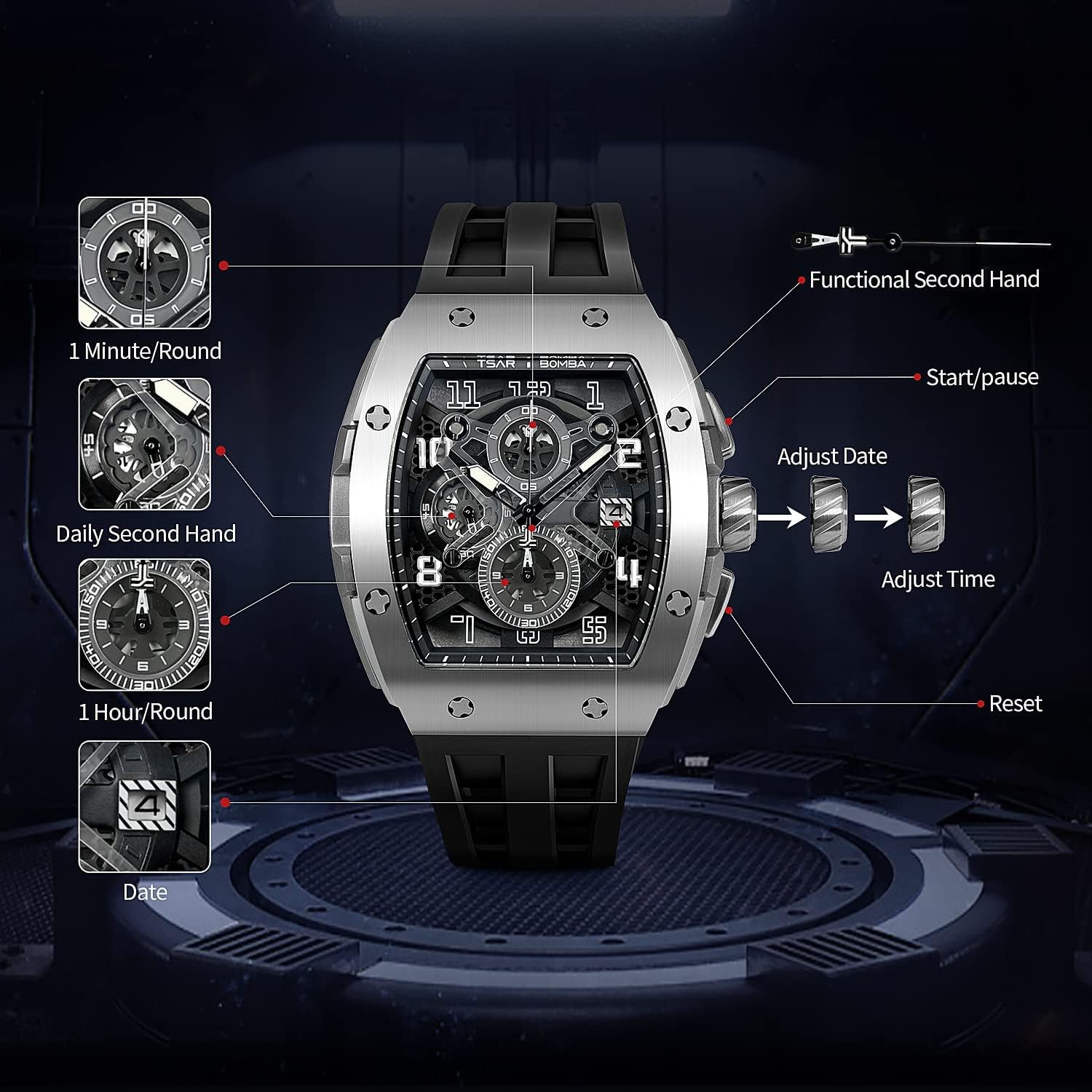 Thumbnail 4 de TSAR BOMBA Herren-Luxusuhr mit Quarzwerk, leuchtendem Zifferblatt, 5 ATM und Silikonarmband (Chronograph)