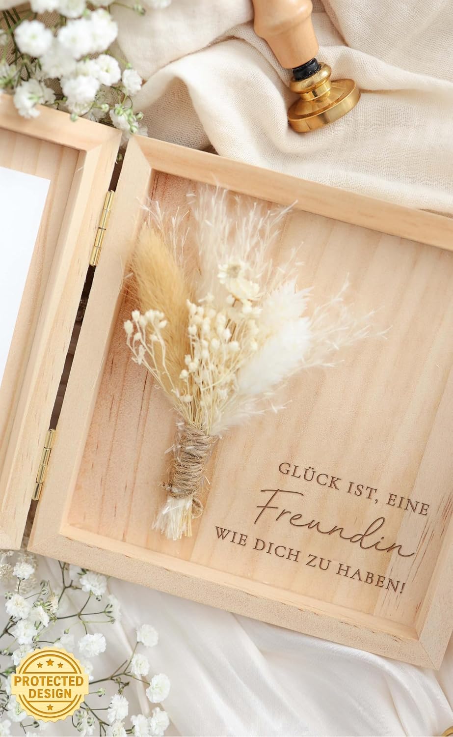 Detalle de Joli Coon Geschenkbox für Freundinnen – Glück ist es eine Freundin wie Dich zu haben, Holzbox 14 × 14 × 3 cm