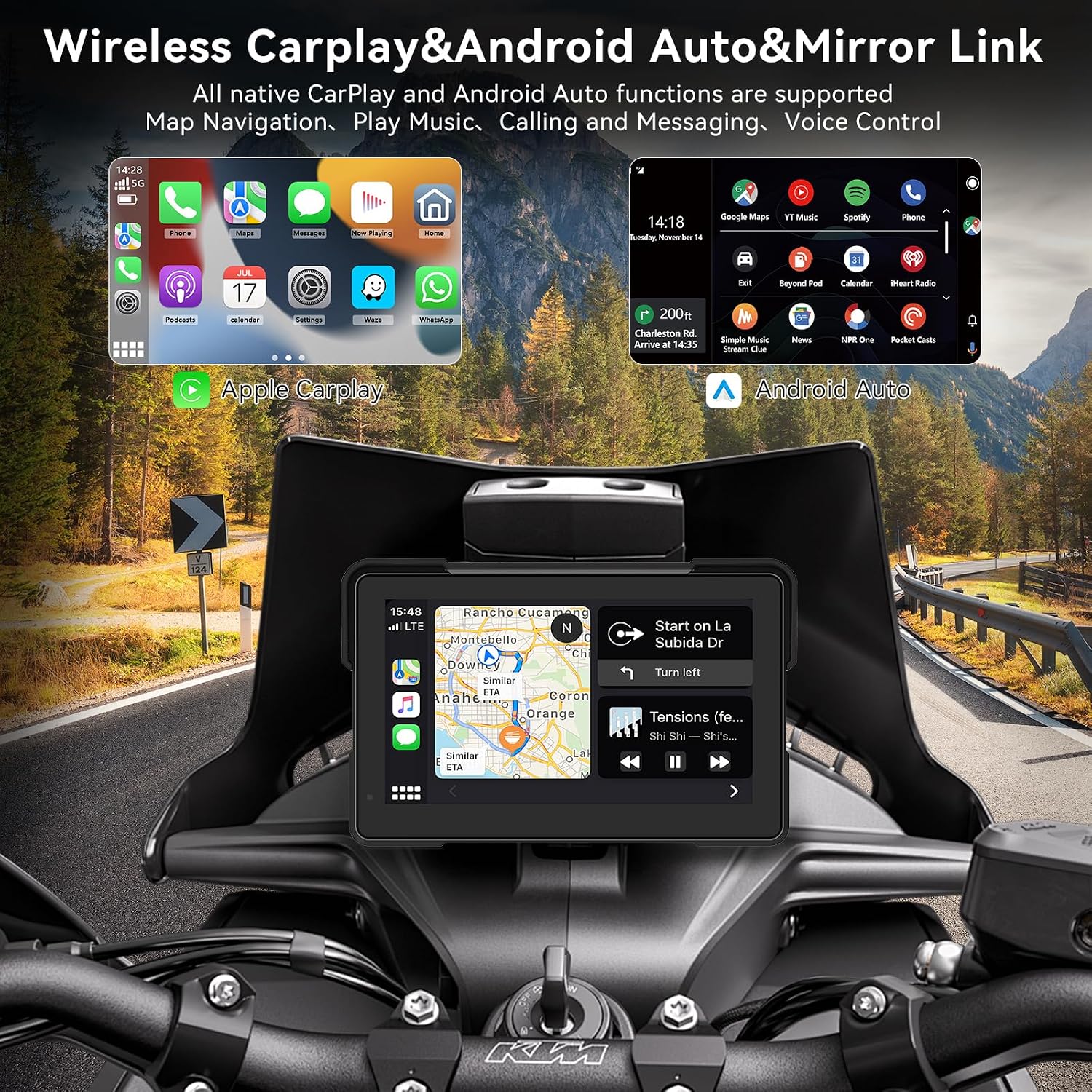 Detalle de 7″ Écran CarPlay moto sans fil – Navigation, Bluetooth double et IP67