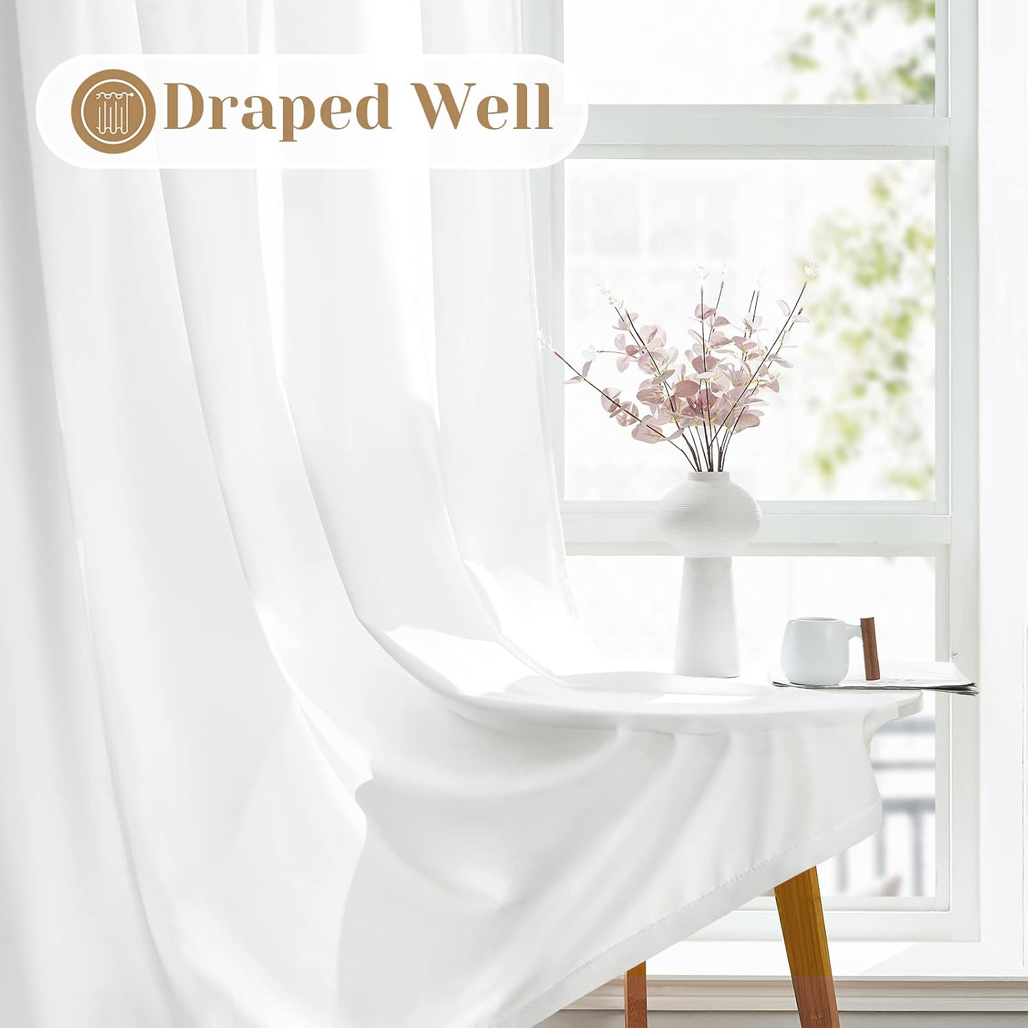 Detalle 2 de HOMEIDEAS White Privacy Sheer Curtains, 2 Panels, 52 x 45 Inches, Light-Filtering