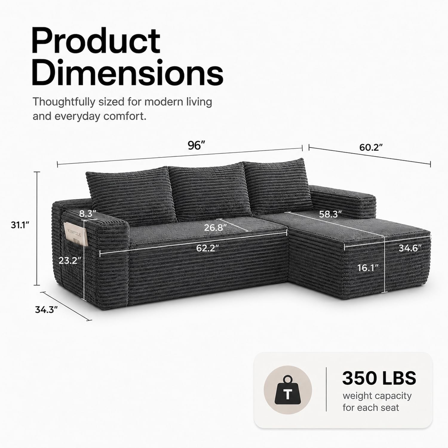 Detalle 2 de Yomsum SF658Grey-R 96-Inch Right-Facing Sectional, Corduroy, Deep Seat