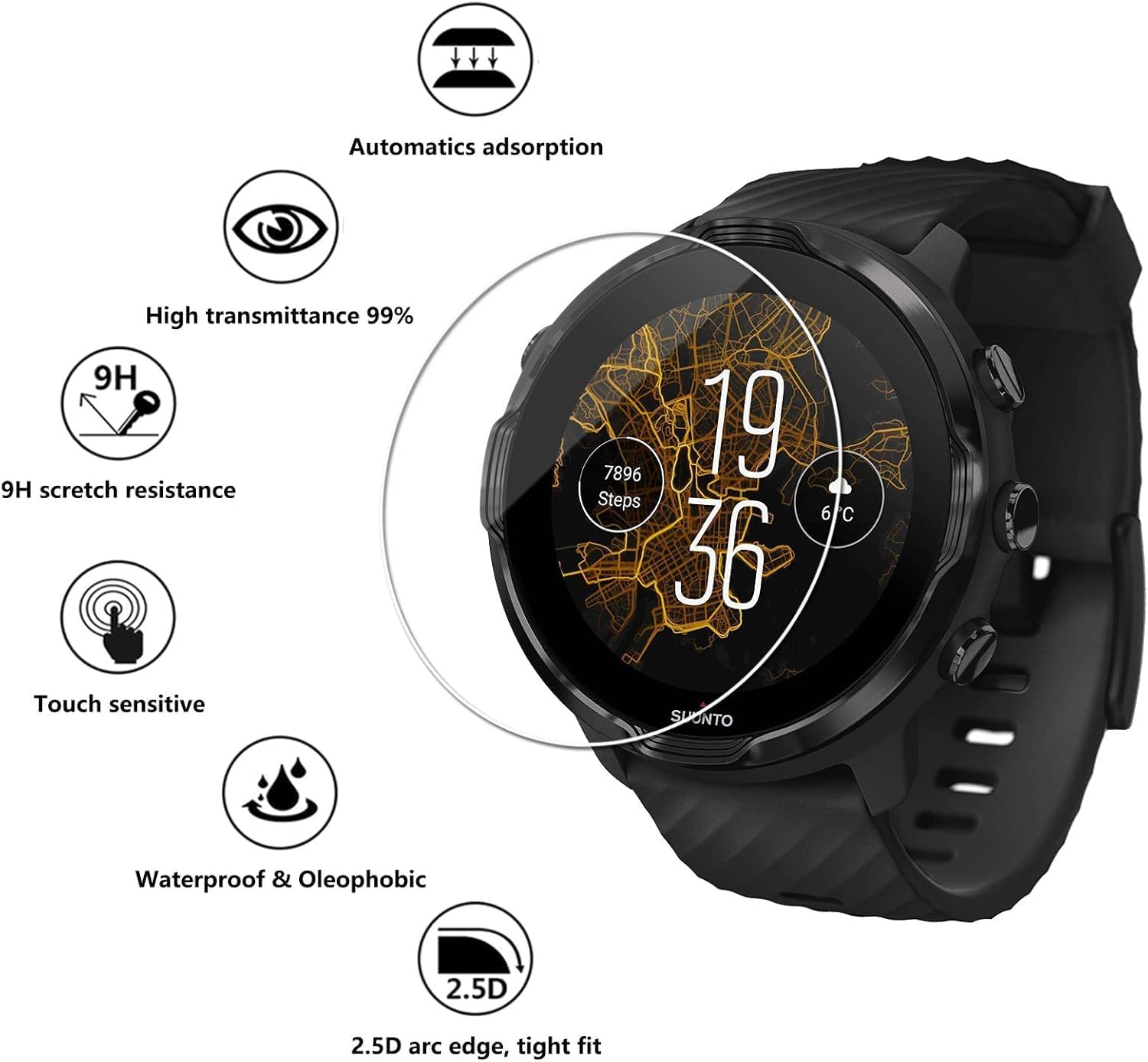 Detalle de Lusee 3 Pack Tempered Glass Screen Protectors for Suunto 7 / Suunto 9 Baro / Suunto D5