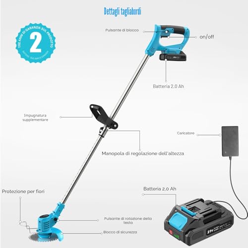 Thumbnail 7 de Leeikoo Decespugliatore a Batteria 21V con 2 Batterie da 2,0 Ah, 6 Lame Metalliche e 2 Dischi – Asta Telescopica e Testina Regolabile