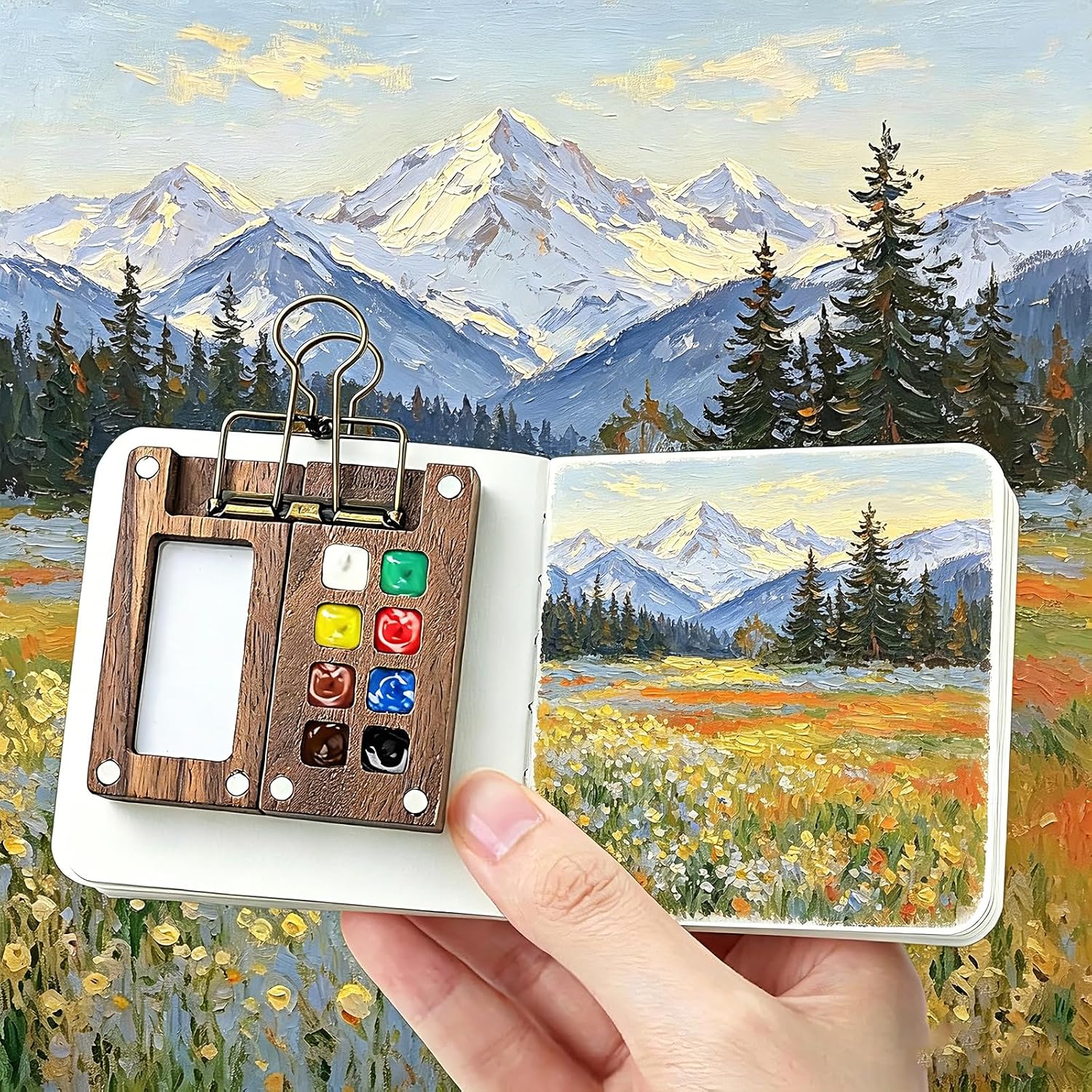 Detalle de EliphonTowne 5 PCS Pocket Artist Watercolour Travel Set – 8 Grids, Foldable Palette & Sketchbook