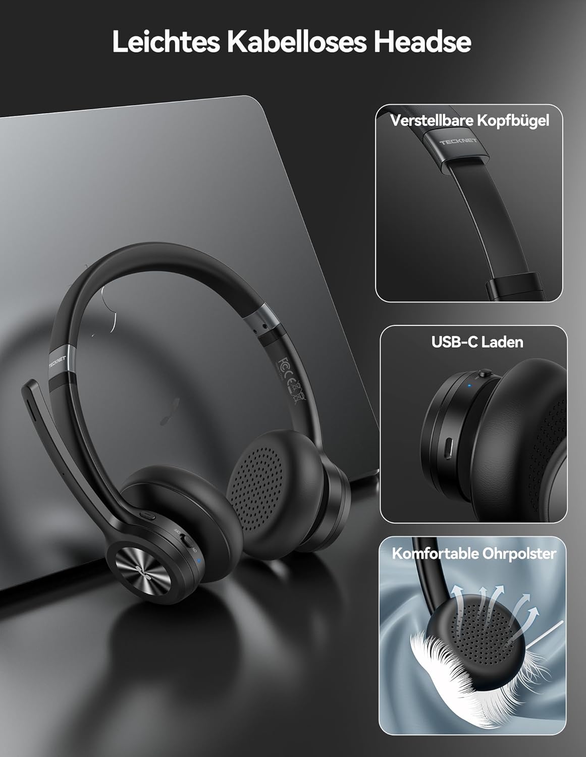 Thumbnail 1 de TECKNET V5.2 Bluetooth Headset mit Mikrofon – Kabellos, Noise Cancelling und Stummschaltung, 50+ Stunden Akku, ideal für Büro, Callcenter und Trucking