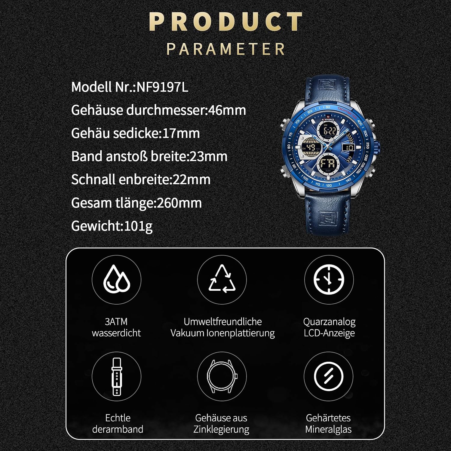 Detalle de Naviforce Herren Militär Digitaluhr—Analoge Quarzuhr mit Lederarmband, wasserdicht bis 30 m
